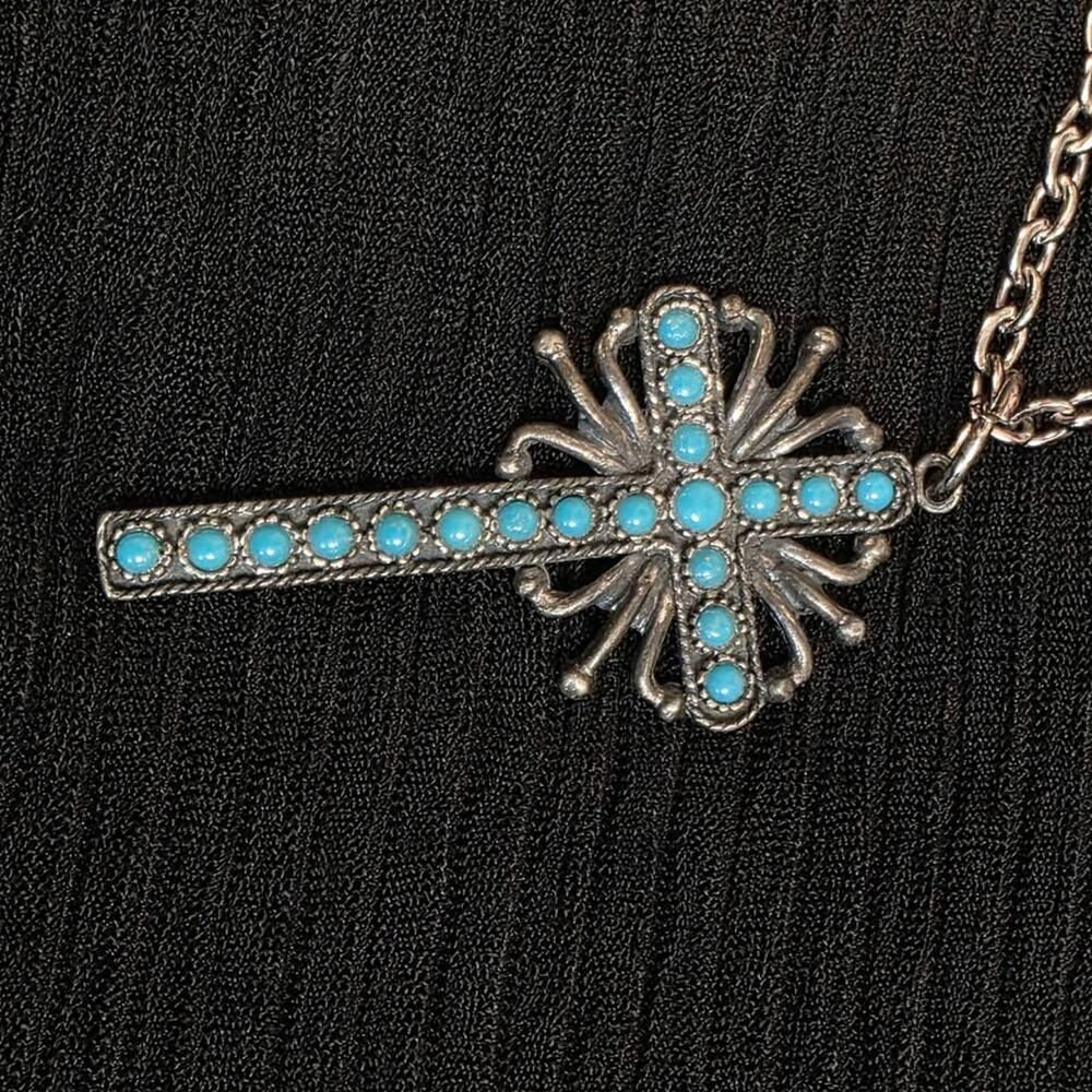 Faux Turquoise Cross Necklace Silver Ton Western Boho Pendant - Picture 4 of 6